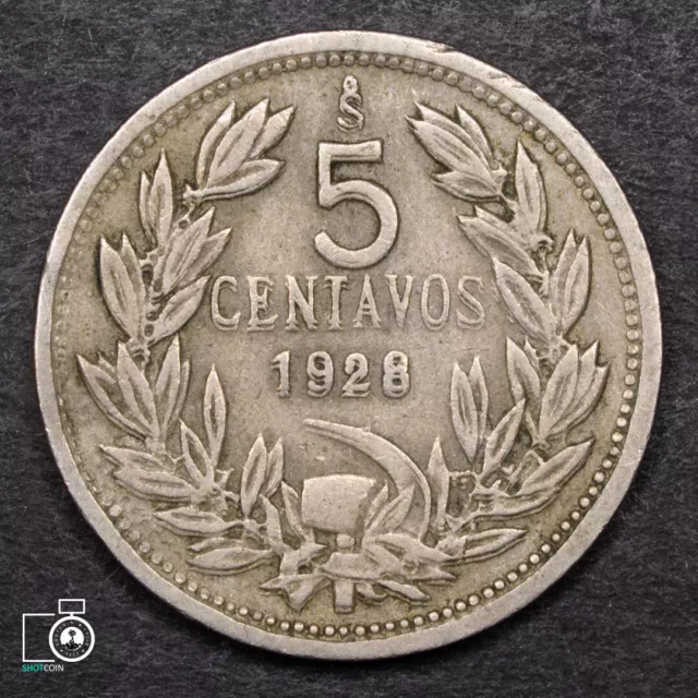 Chile 5 Centavos 1928, Doubled Die reverse, very scarce! Mint Error!