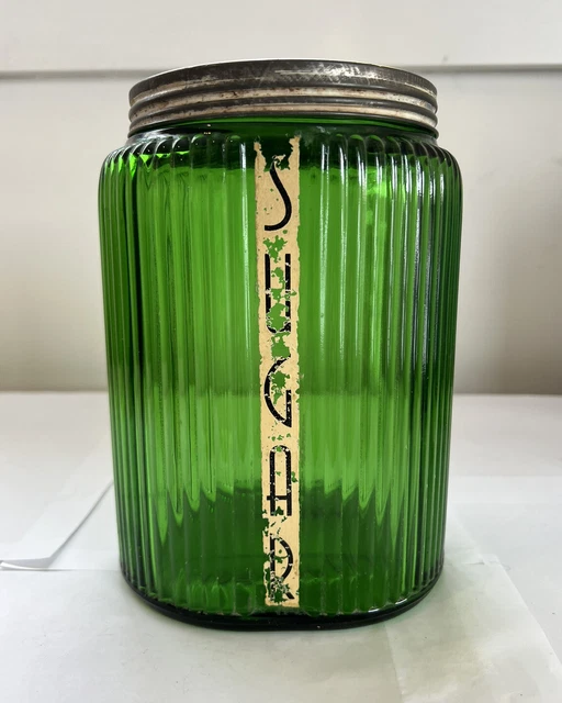 Vintage Green Ribbed Glass Hoosier SUGAR Canister  Large 8" tall