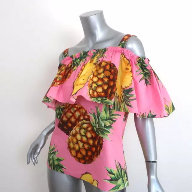 Dolce & Gabbana Cold Shoulder Ruffle Top Pink Pineapple Print Size 42 NEW 2