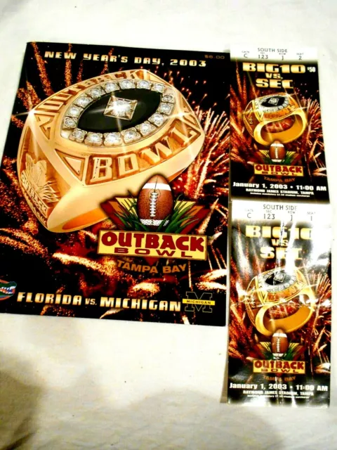 2003 Outback Bowl Program & 2-Tickets  Michigan Wolverines vs Florida Gators