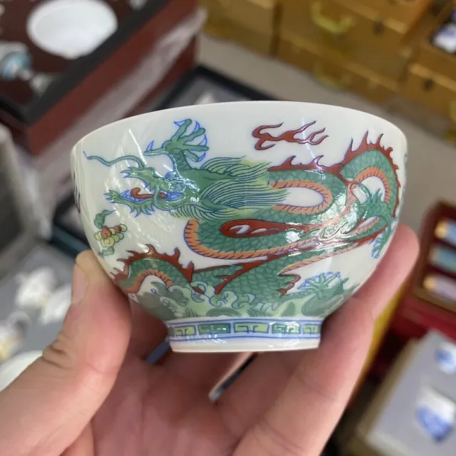 3.3" China Jingdezhen Doucai Contrasting Colors Porcelain 120ML Two Dragon Cup