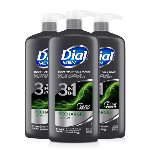 Dial Men 3in1 Body, Hair and Face Wash, Recharge, 69 fl oz 3-23 fl oz Bottles