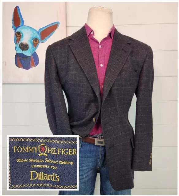 Tommy Hilfiger Mens Three Button Blazer Jacket Gray Windowpane Size 44R