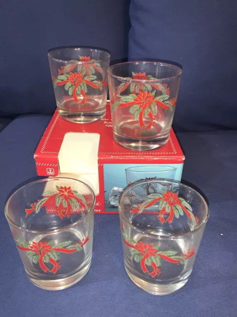 Anchor Hocking Poinsettia & Ribbons 4 Piece Glass Set 9oz Rocks Glasses Tumblers