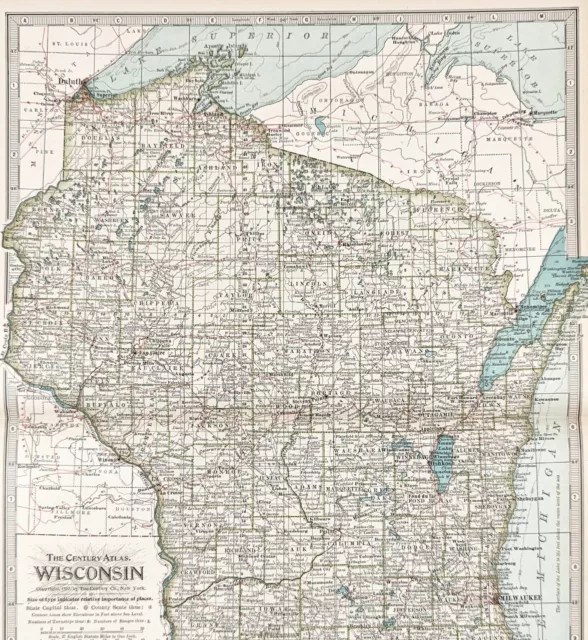 OLD ANTIQUE 1899 WISCONSIN Map ORIGINAL Green Bay Madison Superior Milwaukee