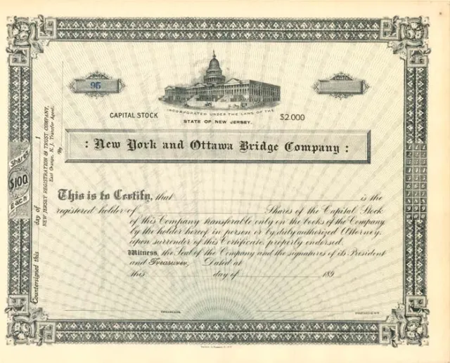 New York and Ottawa Bridge Co. - Stock Certificate - General Stocks