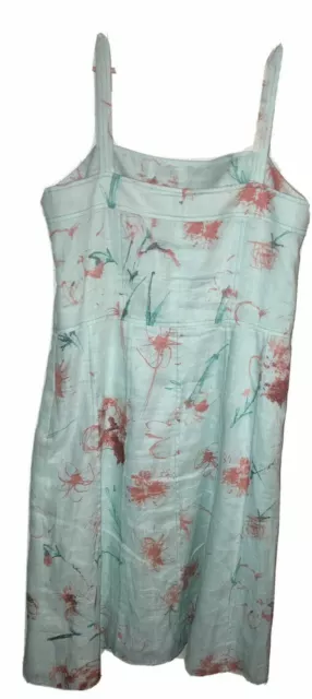 Womens 100% Linen Dress Cottage-core Watercolor Floral Green Pink Sleeveless 8P 2