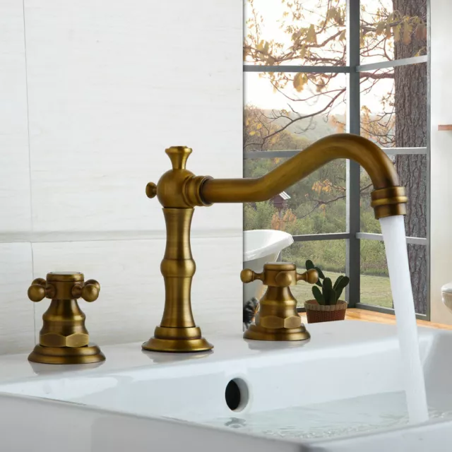 Antique Brass Bathroom Sink Mixer Faucet 2 Handles Basin Tap Set Deck Mounted