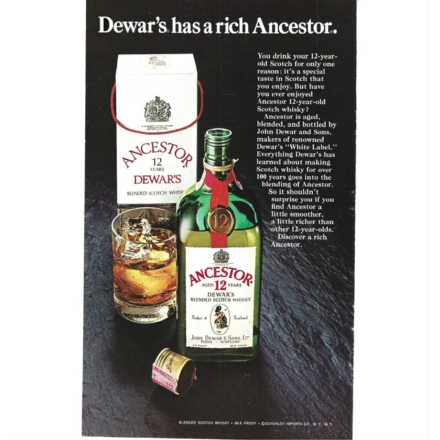 Dewars Ancestors Scotch Whisky White Label 1970s Vintage Print Ad 9 inch Tall