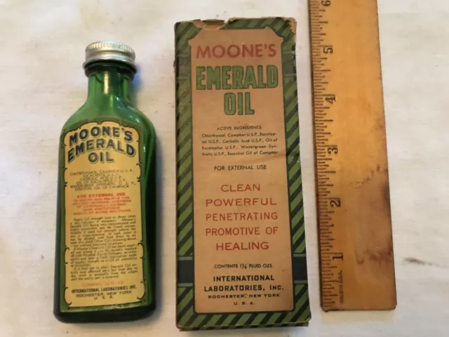 Moone’s Emerald Oil Medicine Vintage Bottle In Original Box, Rochester, N. Y. 2