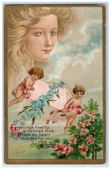 1910 Hearty Greetings Woman Fantasy Angel With Letters Flowers Embossed Postcard