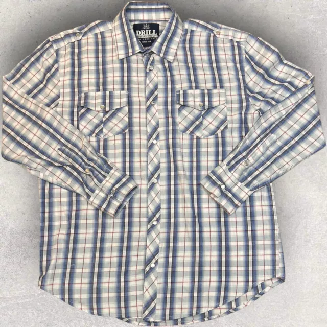 Drill Clothing Co Blue White Plaid Pearl Snap Pockets Western Long Sleeve Large