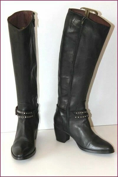 MURATTI Bottes à Talons Cuir Noir Lanière Cloutée T 37 TBE