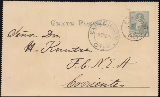 Argentienia: Card Letter 4 Centavos Portrait EMPEDRADO 5.1.1894 to CORRIENTES