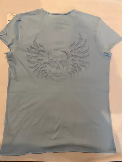 Zadig & Voltaire Story Skull Wings Fishnet Short Sleeve Tee Shirt Ciel Blue LARG