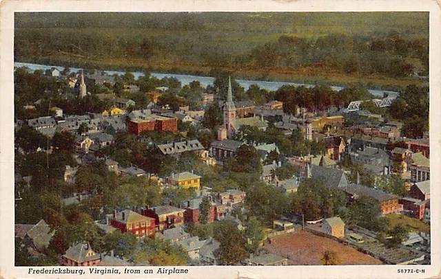 Postcard VA: Airplane View, Fredericksburg, Virginia, Posted 1944, Linen