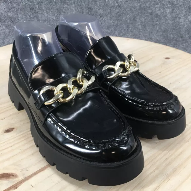 Pull And Bear Shoes Womens 39 Chunky Platform SlipOn Loafer Black Patent Leather 3