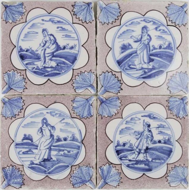 Nice set of 4 Dutch Delft manganese and blue tiles, shepherds, 18th century.