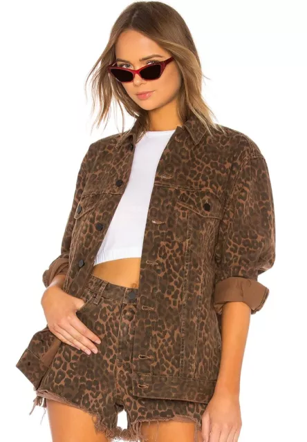 Alexander Wang Daze Animal Print Denim Jacket Oversized in Tan Leopard Print  2