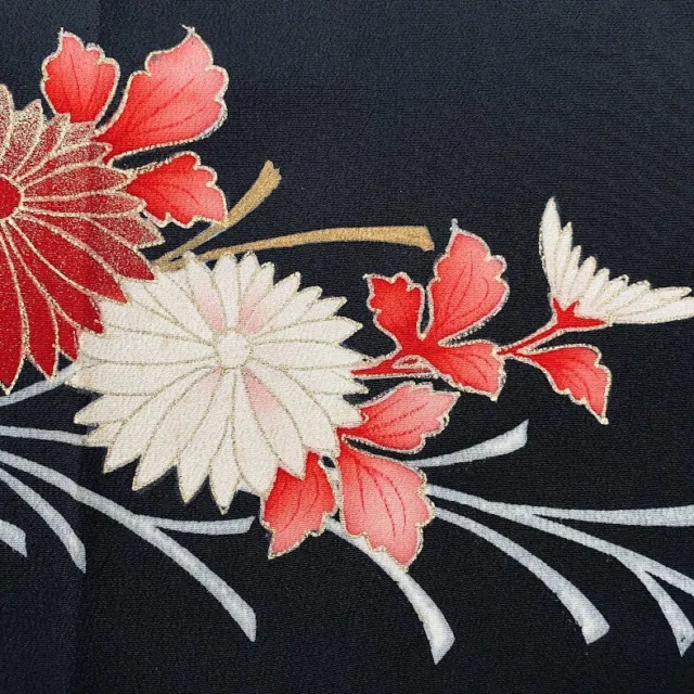 Romance #A 13x62 LONG Hand Painted Vintage Tomesode Black Kimono Silk ToE6