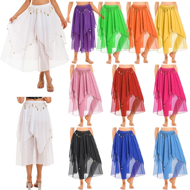 Women Girls Belly Dancing Skirts Sequin Chiffon Swing Skirt Indian Dance Costume