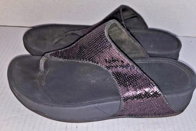 FitFlop womens LULU sparkle grey leather thong wedge sandal size 6