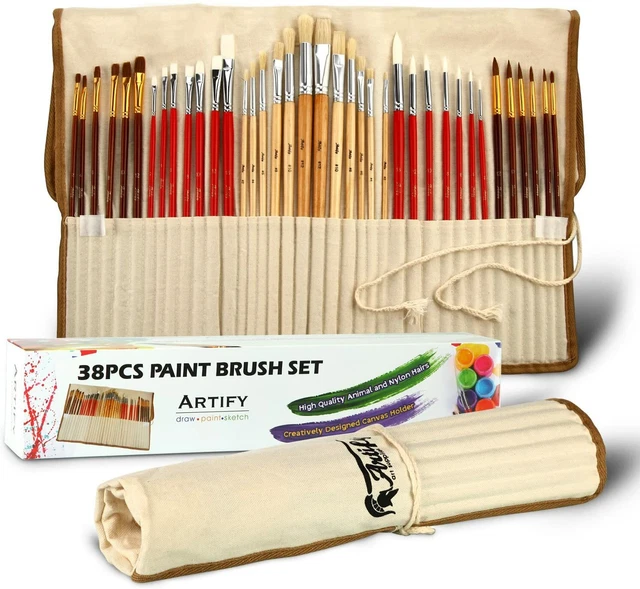 Set di 38 Pennelli per  Acrilico, Olio, Acquerello, con Setole di Maiale e Nylon