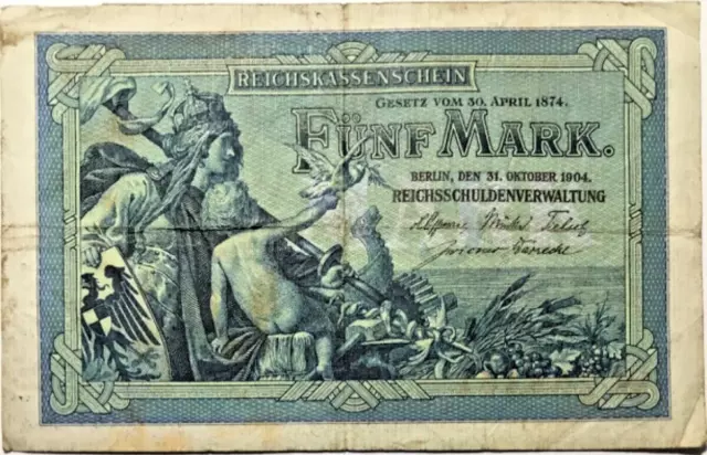 Deutsches Reich 5 Mark 1904 Papiergeld Banknoten Geldschein  mit gebrauch Spuren