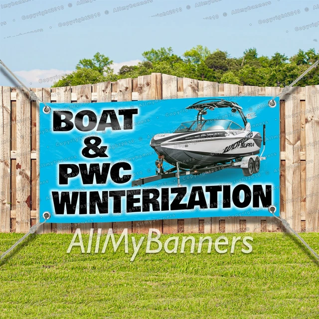 Vinyl Banner Sign Boat & PW Winterization #1 Wheel Marketing Advertising Blue