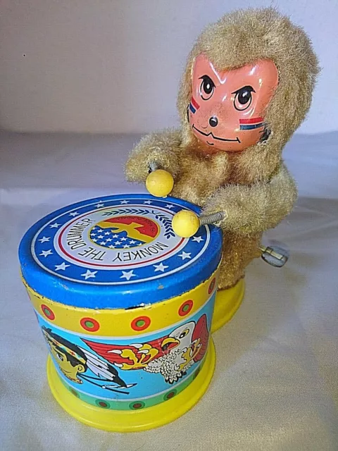 Ancien Jouet Mecanique Un Ours Joue Tambour 1980 En Tole Peint