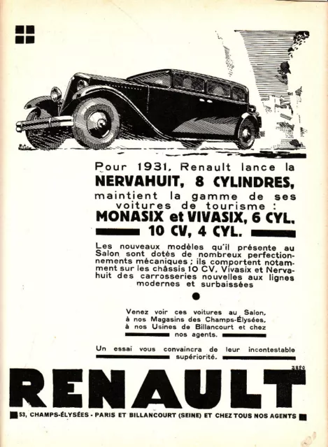 1930 Renault la Nervahuit 8 Cylinder Vintage Car Advertisement