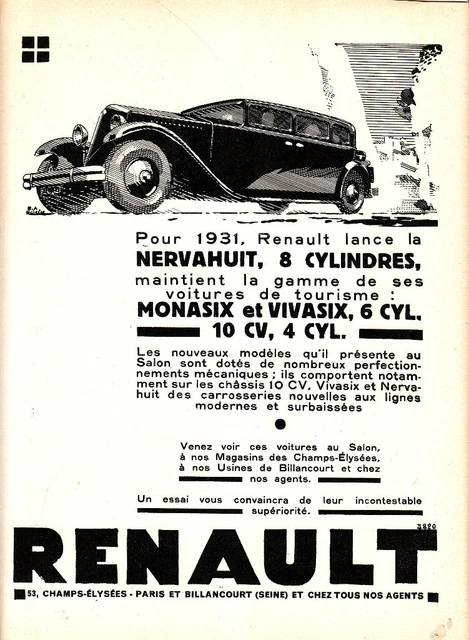 Publicité Ancienne Originale Renault Viva 6 Cylindres – 1935 – 25x16 Cm – Noir Et Blanc