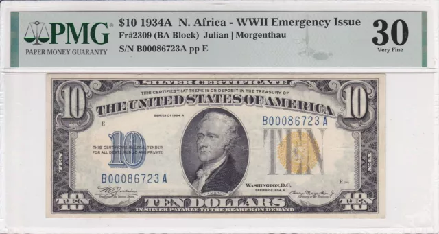 1934-A N. AFRICA $10 SILVER CERTIFICATE WWII EMERGENCY NOTE - Fr. 2309 PMG 30 VF
