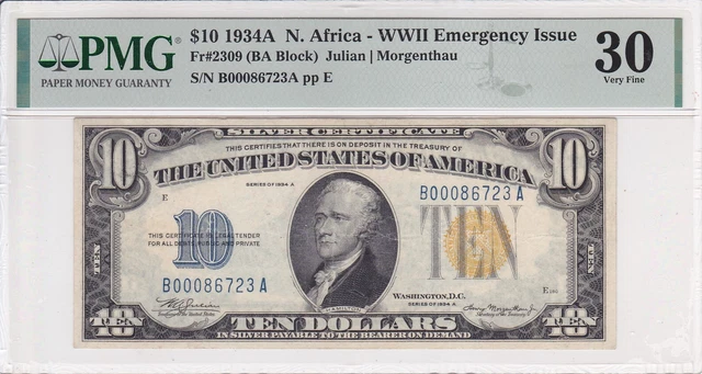 1934-A NORTH AFRICA $10 SILVER CERTIFICATE EMERGENCY NOTE - Fr. 2309 PMG 30 VF