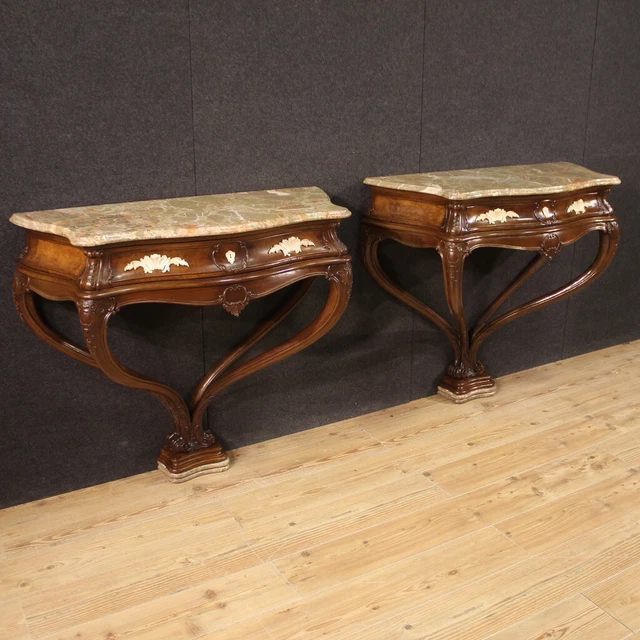Pair of consoles antique Venetian style marble top 2 tables furniture 900