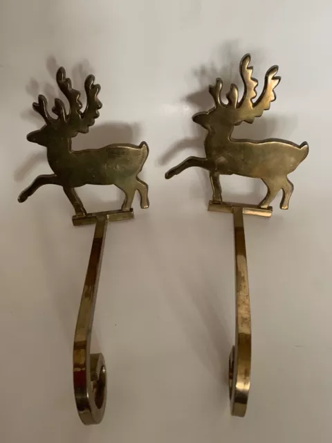 Vintage 2 Brass Deer Reindeer Christmas Stocking Holder Long Arm Gold Tone Heavy