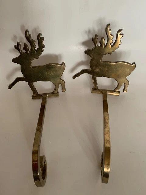 Vintage 2 Brass Deer Reindeer Christmas Stocking Holder Long Arm Gold Tone Heavy