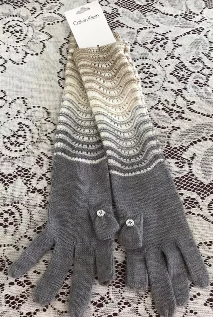 Women’s Calvin Klein Knit TEXTING Long Scrunched Gloves GRAY OS New W Tag