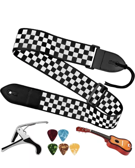 guitar strap ,black and white grid with leather ends