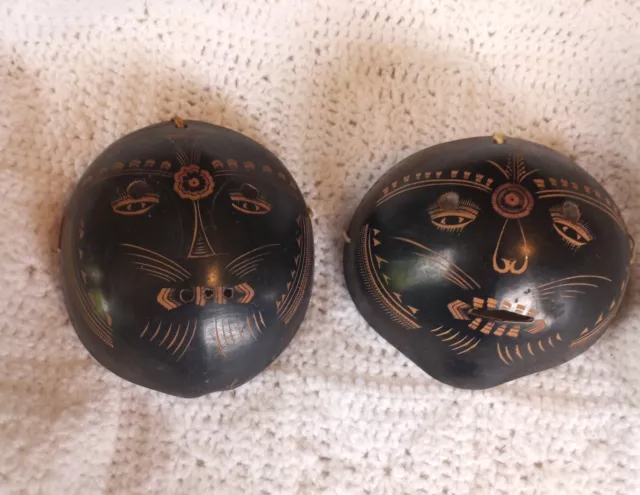 2 great African Tribal Wall Masks. Etched Coconut Shells Or Gourds.  Home Decor