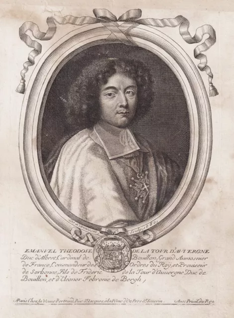Emmanuel-Theodose de La Tour D'Auvergne Cardinal Bouillon Portrait Gravure 1680