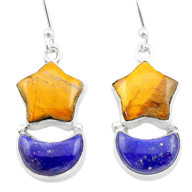 Jaipur Silver 11.95cts Moon Star Tiger's Eye Lapis Lazuli Earrings T68913