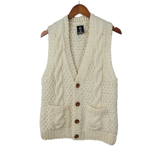 Vintage Fisherman Cable Knit Vest Men Chunky Ivory Size Medium Large Academia