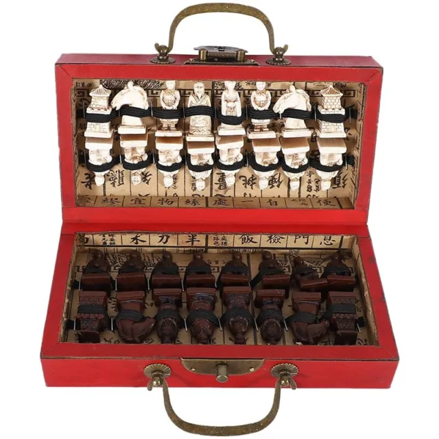Chinese Wood Leather Box with 32 Pieces Terracotta Figure Chess Set6595
