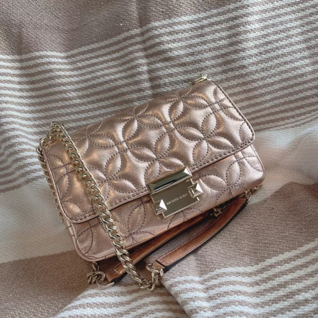 Michael Kors Sloan Small Floral Quilted Metallic Rose Gold Leather Shoulder Bag