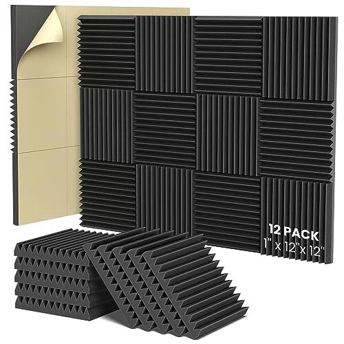 Acoustic Foam Panels,1" X 12" X 12" Self-Adhesive Sound 1 Inch 12 Pack Black