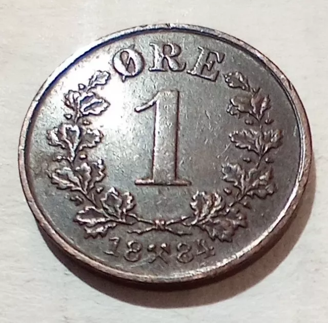 1 One Ore 1884 Norway Tiny Coin Oscar II Scandinavian Lion Crown Øre