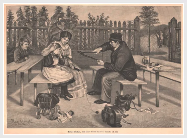 Zahnarzt "Doktor Eisenbart" Humoristische Szene. Original Holzstich von 1882