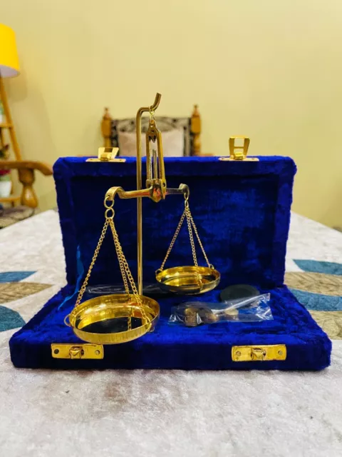 Blue Antique Brass Polished Balance Scale with Velvet Box with Weights Jewelry