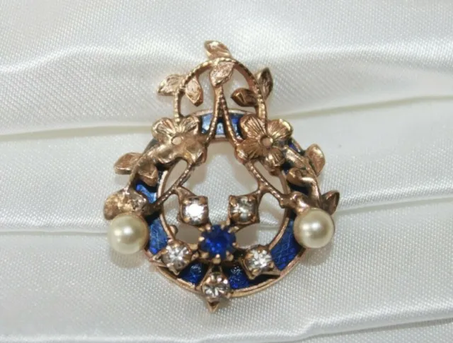 Art Nouveau Victorian Gold Fill Guilloche Enamel Pearl Sapphire & Diamond Paste